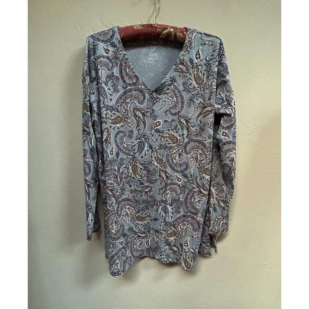 J. Jill Women Simply Supima V-Neck Tunic Top Long Sleeve Paisley Bluestone Small